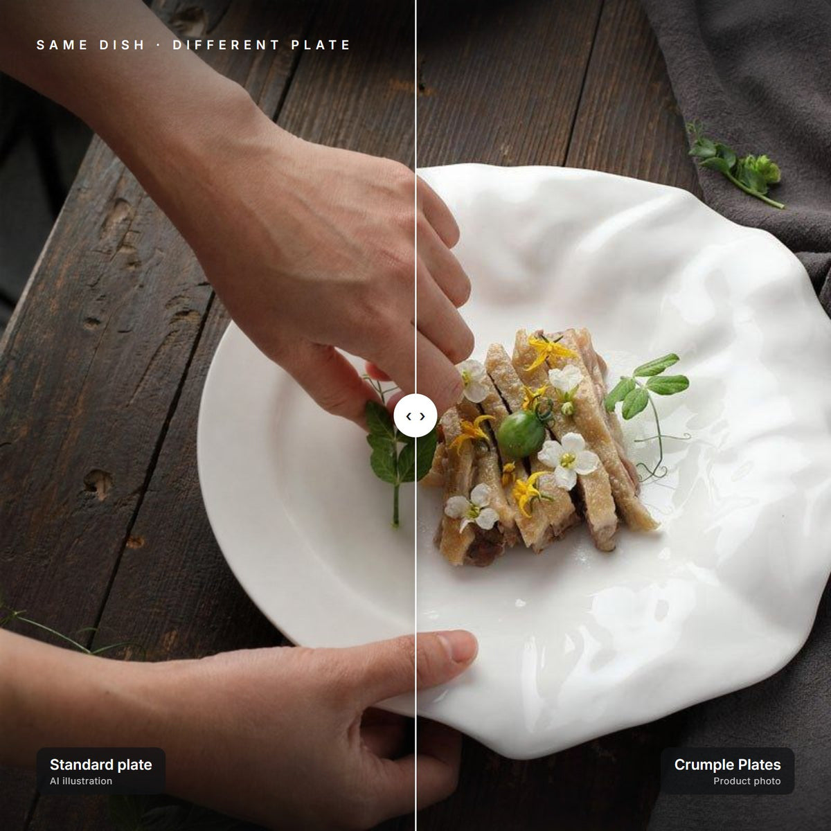 Crumple Plates next to a standard plate with the same dish – left half is an AI illustration for comparison