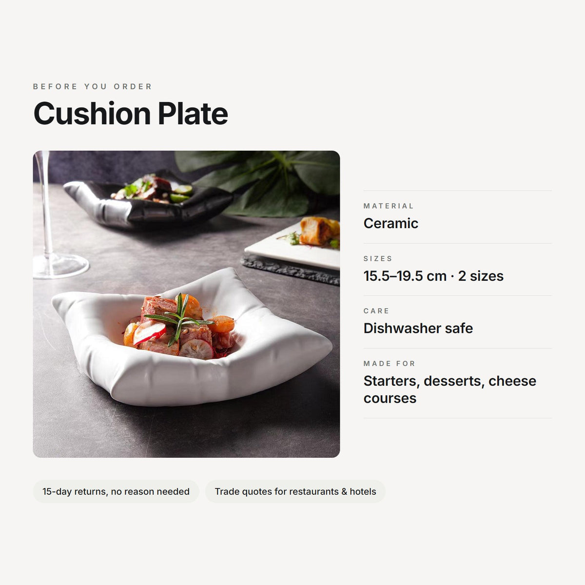 Cushion Plate – material, sizes, care and use at a glance