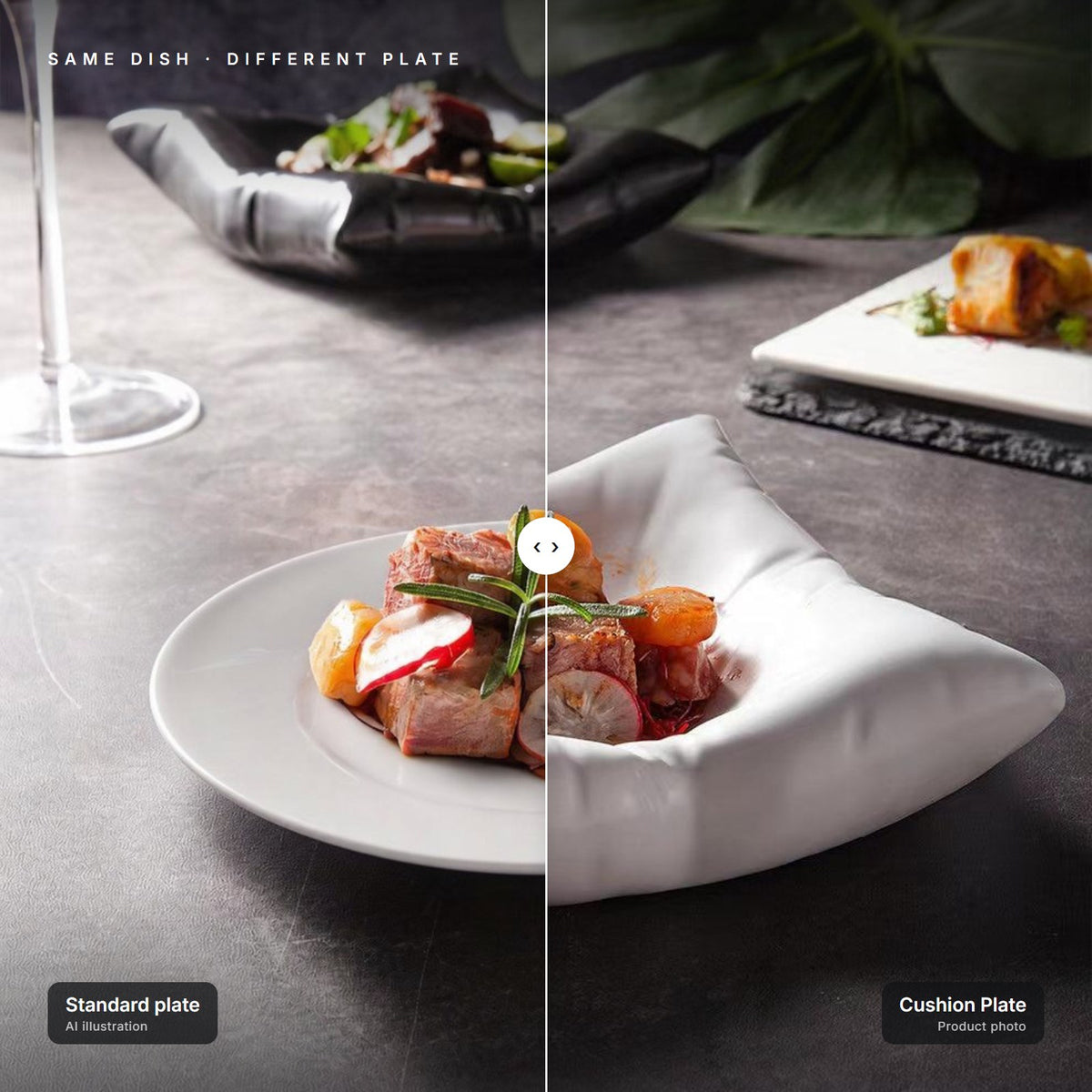 Cushion Plate next to a standard plate with the same dish – left half is an AI illustration for comparison
