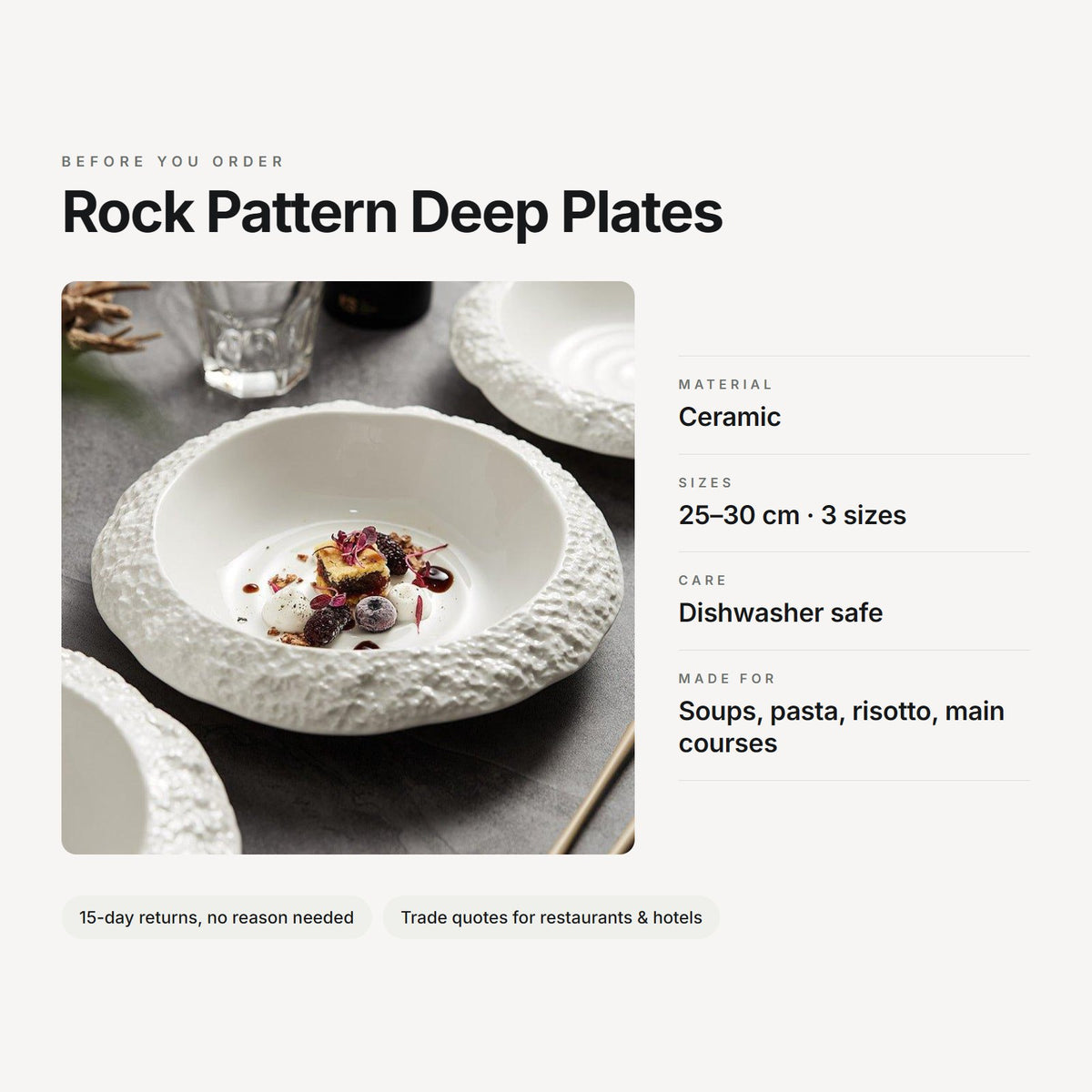 Rock Pattern Deep Plates – material, sizes, care and use at a glance