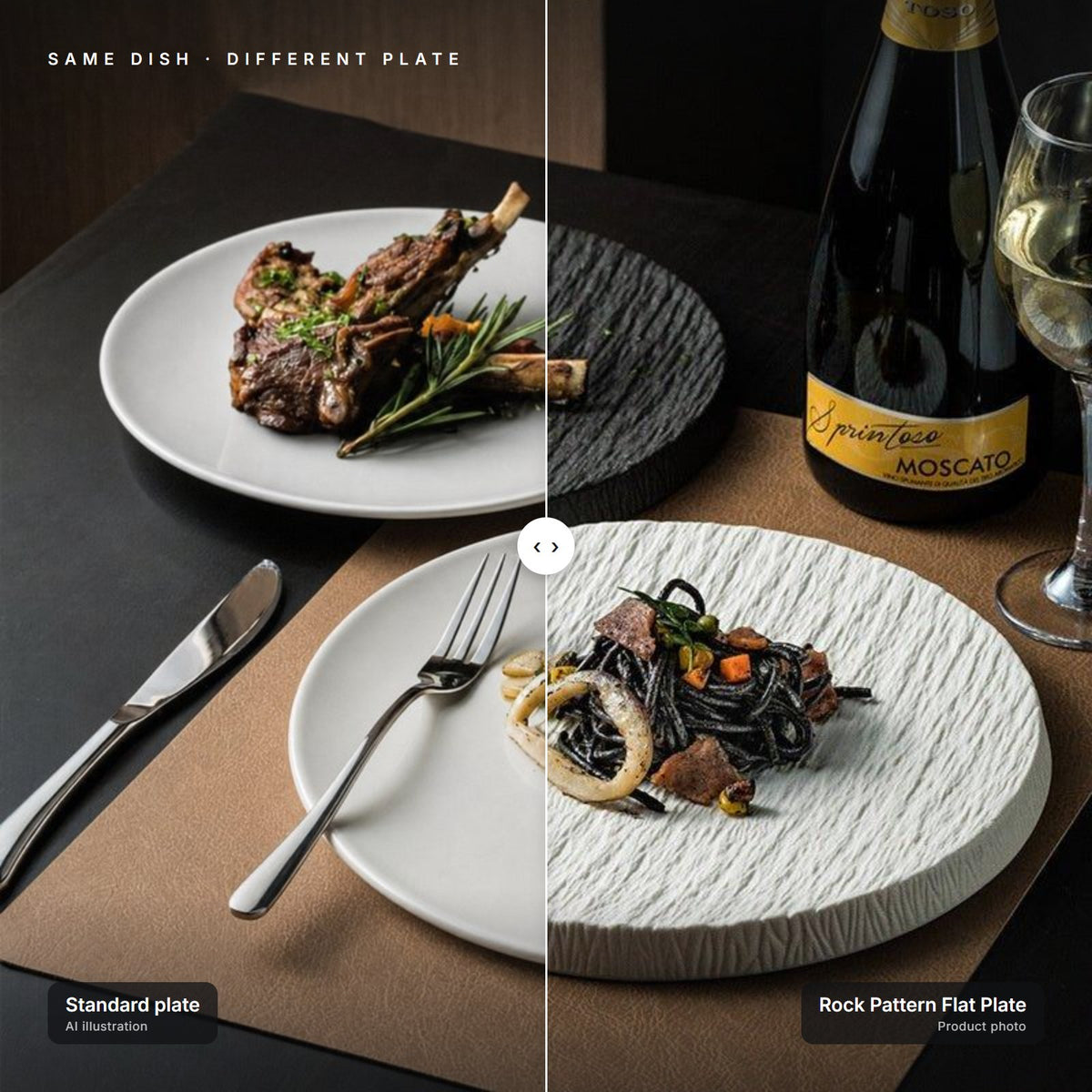 Rock Pattern Flat Plate next to a standard plate with the same dish – left half is an AI illustration for comparison