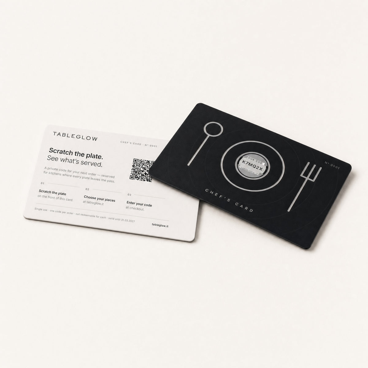 TableGlow Chef's Card – front with silver scratch plate and back