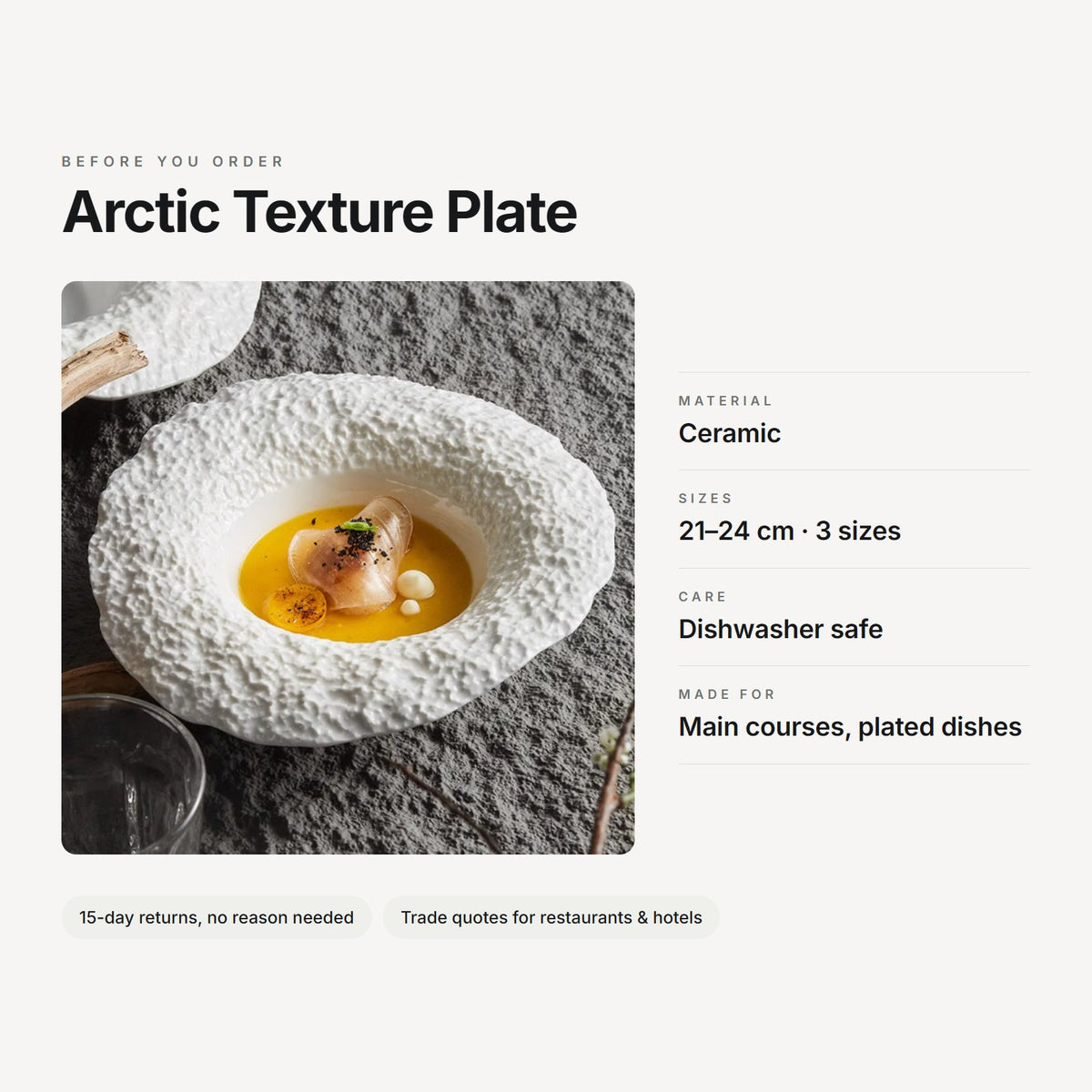 Arctic Texture Plate – material, sizes, care and use at a glance