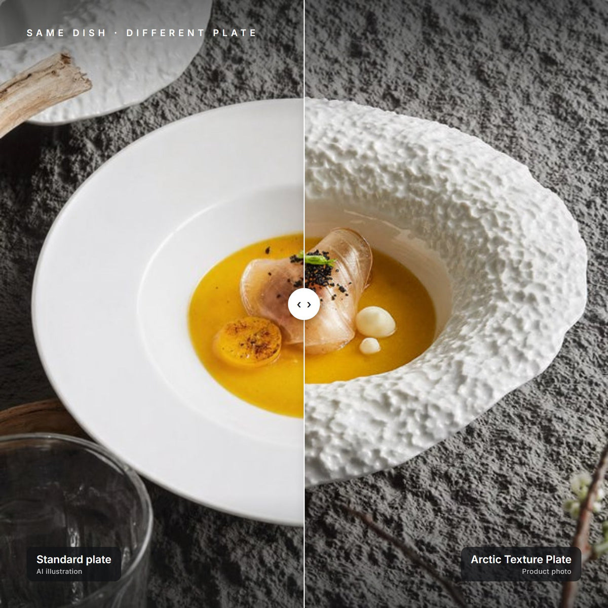 Arctic Texture Plate next to a standard plate with the same dish – left half is an AI illustration for comparison