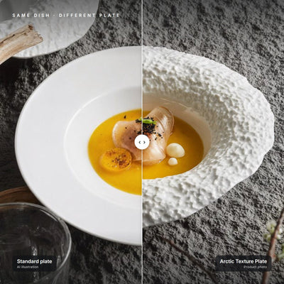 Arctic Texture Plate next to a standard plate with the same dish – left half is an AI illustration for comparison