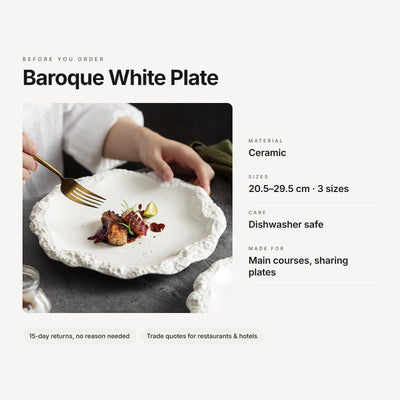 Baroque White Plate – material, sizes, care and use at a glance