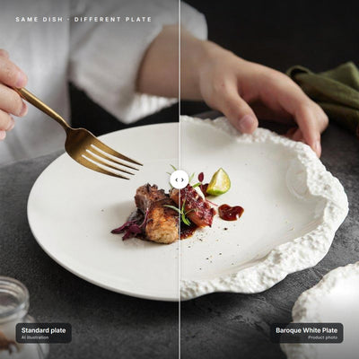 Baroque White Plate next to a standard plate with the same dish – left half is an AI illustration for comparison