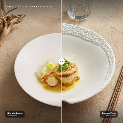 Erosion Plate next to a standard plate with the same dish – left half is an AI illustration for comparison