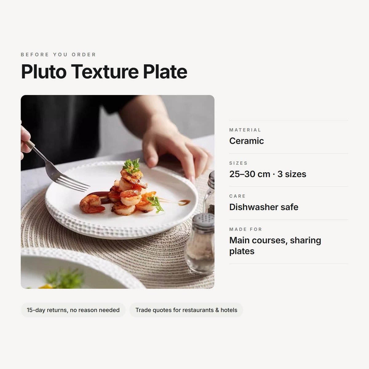 Pluto Texture Plate – material, sizes, care and use at a glance