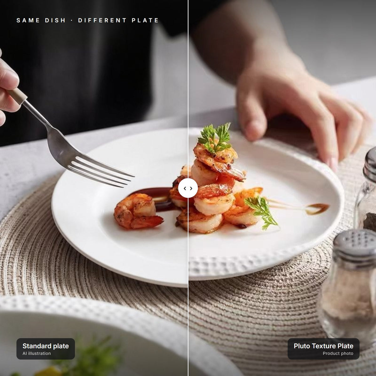 Pluto Texture Plate next to a standard plate with the same dish – left half is an AI illustration for comparison