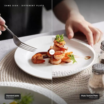 Pluto Texture Plate next to a standard plate with the same dish – left half is an AI illustration for comparison