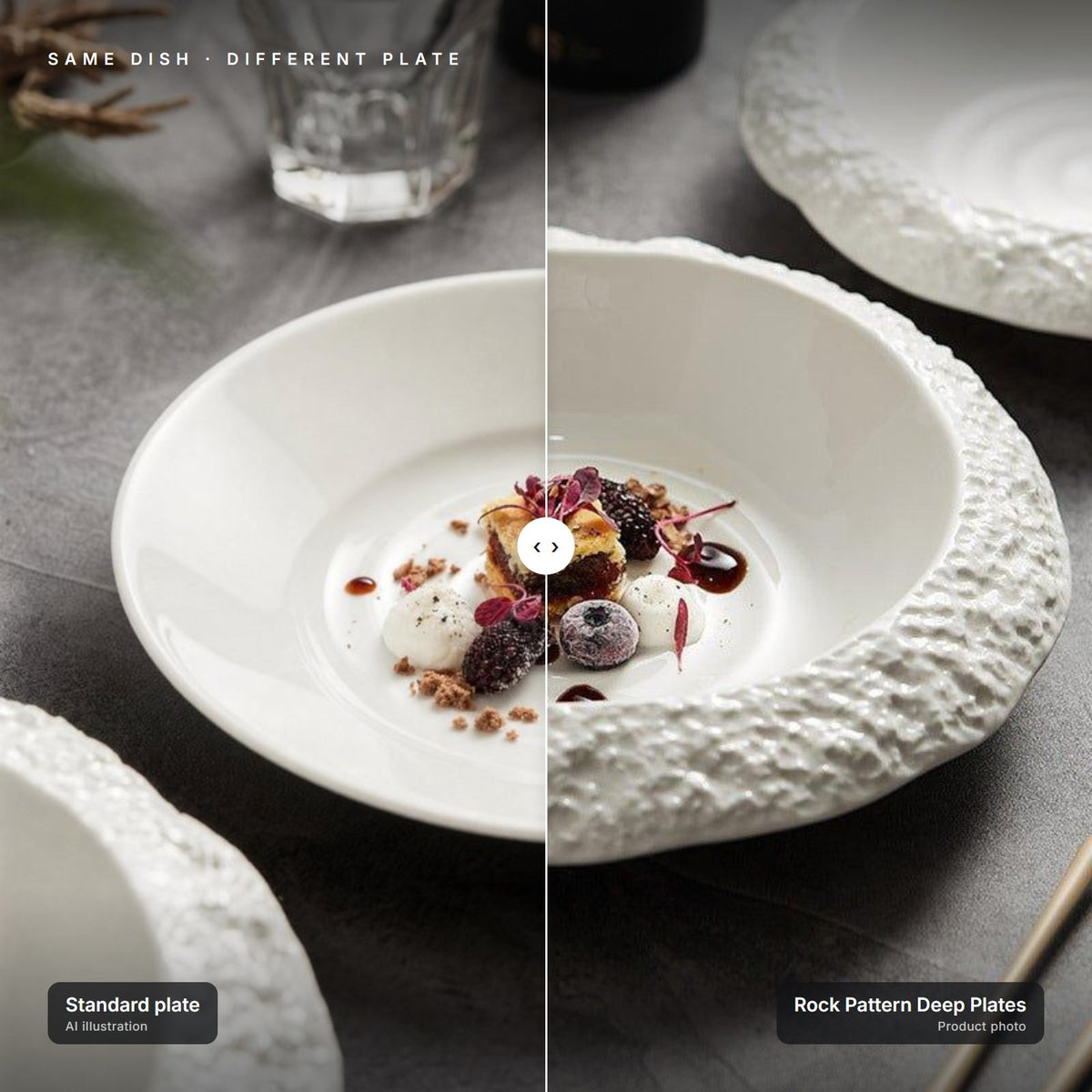 Rock Pattern Deep Plates next to a standard plate with the same dish – left half is an AI illustration for comparison