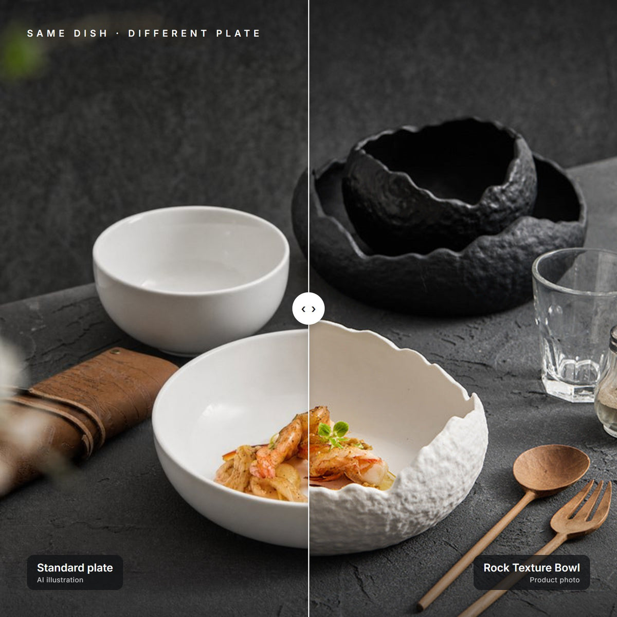 Rock Texture Bowl next to a standard plate with the same dish – left half is an AI illustration for comparison