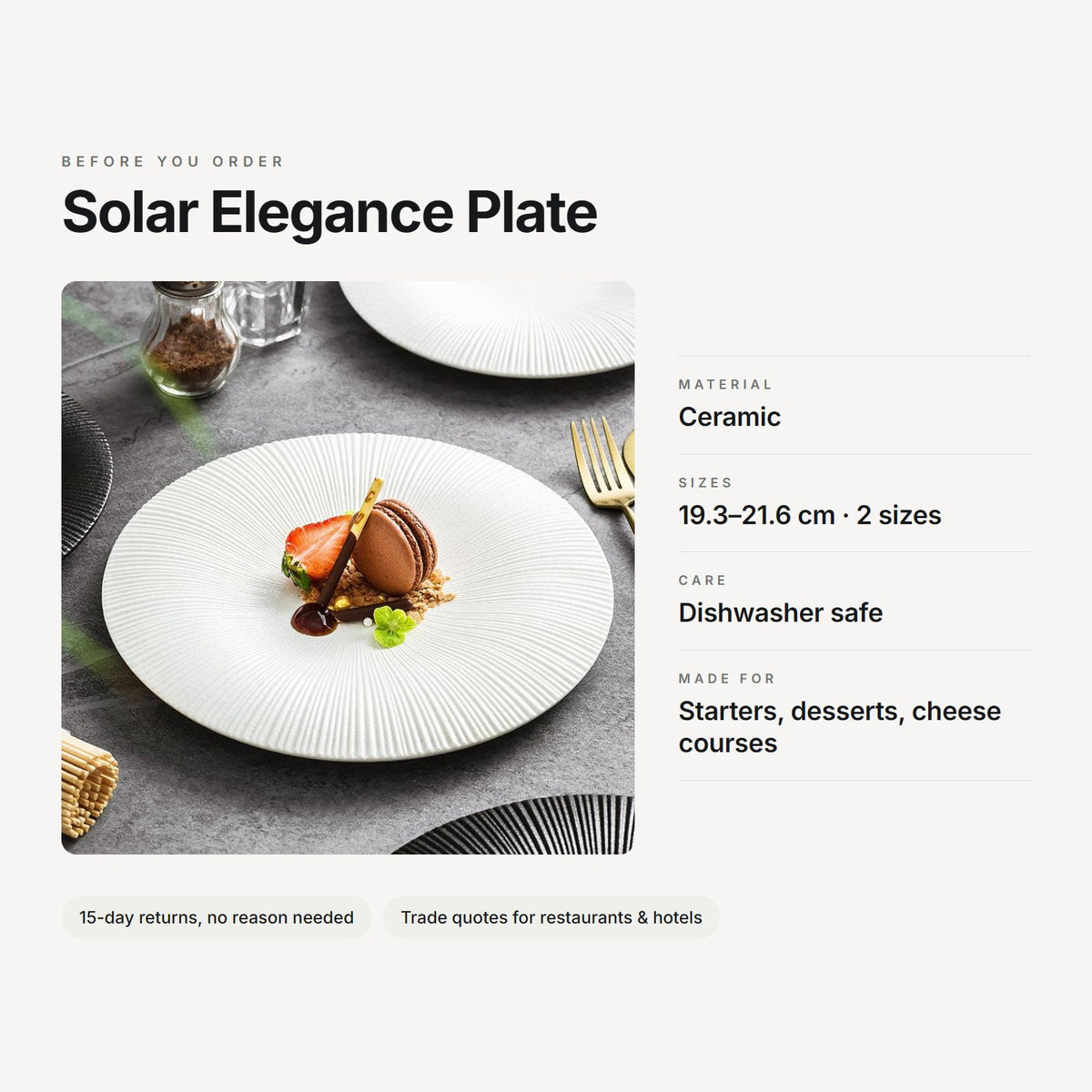 Solar Elegance Plate – material, sizes, care and use at a glance