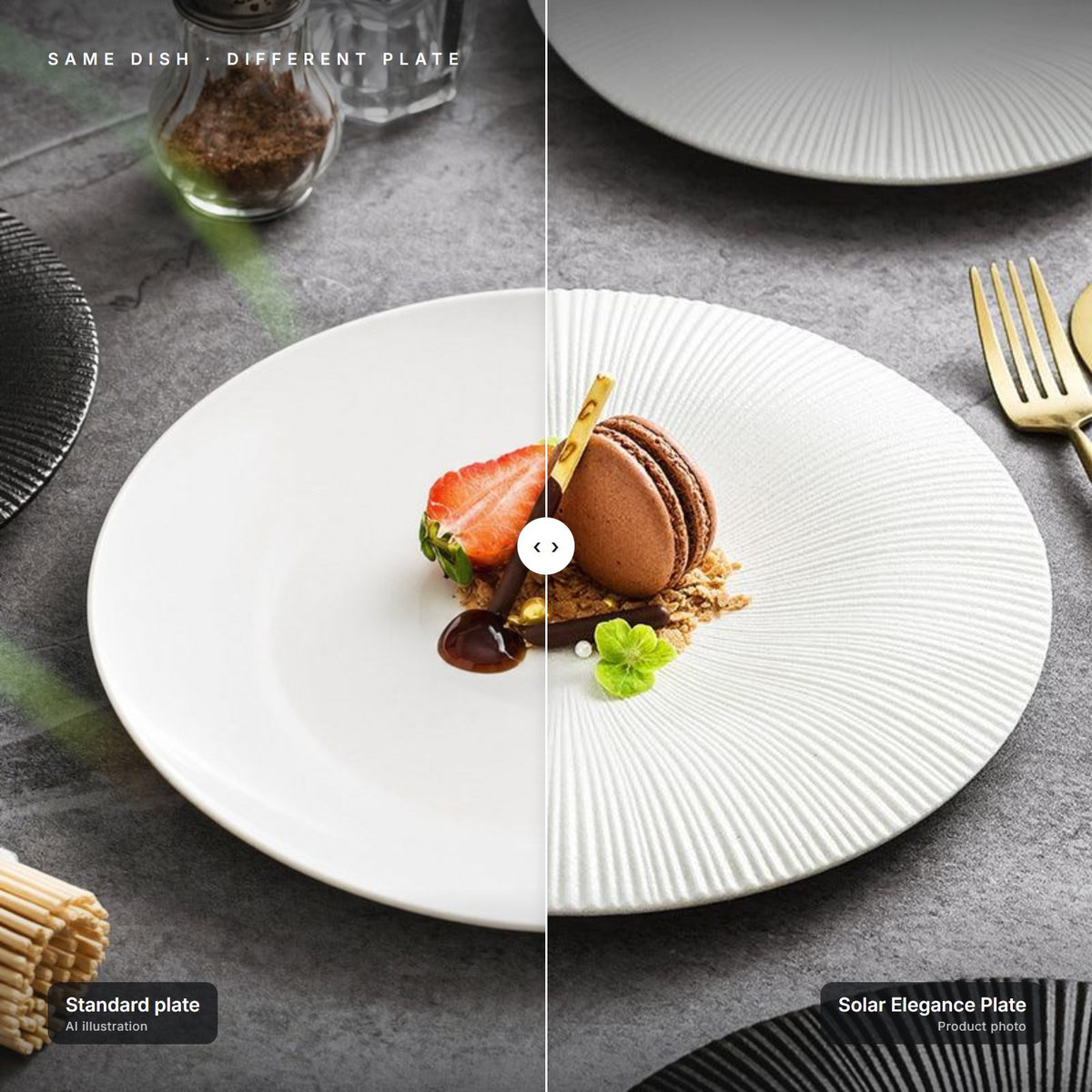 Solar Elegance Plate next to a standard plate with the same dish – left half is an AI illustration for comparison