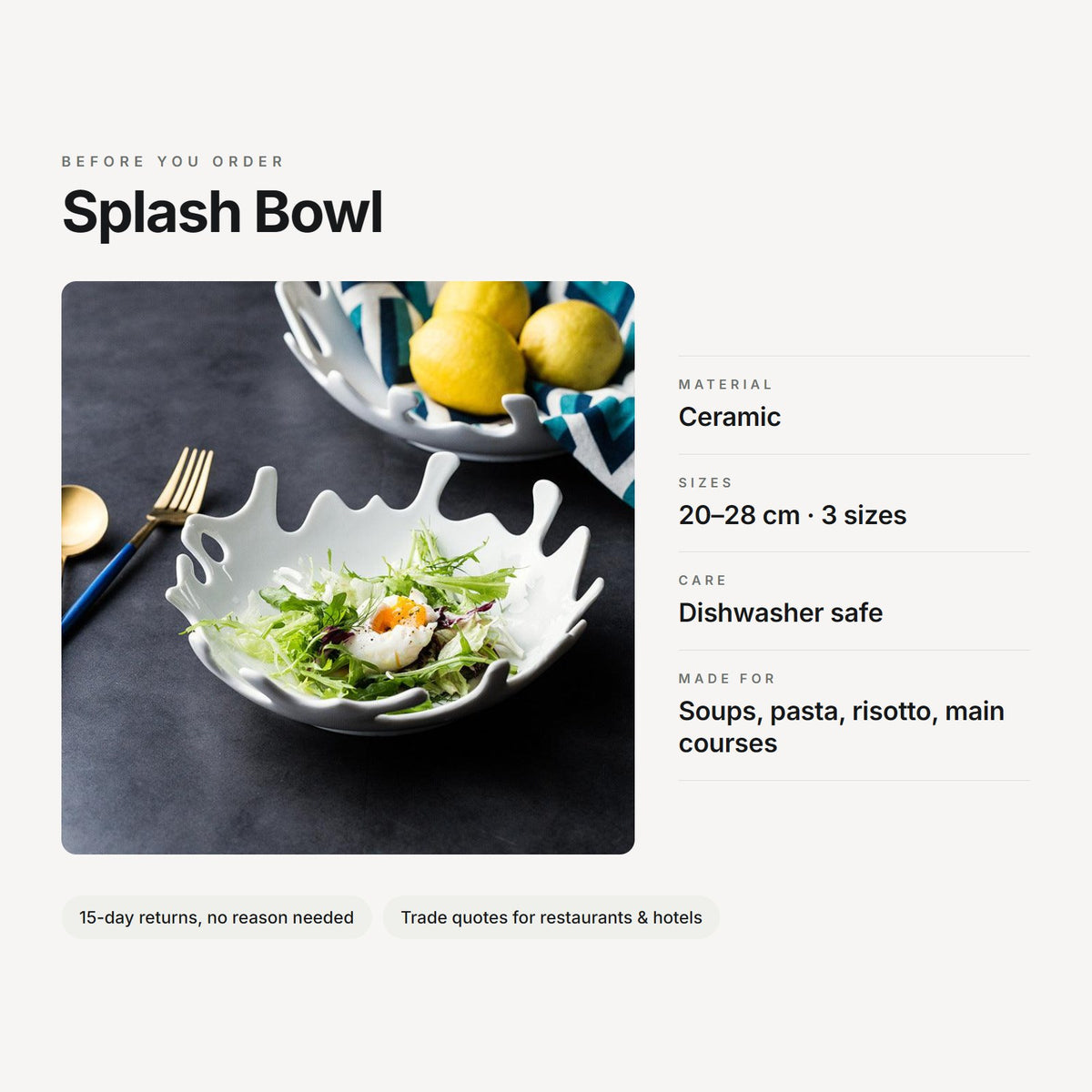 Splash Bowl – material, sizes, care and use at a glance