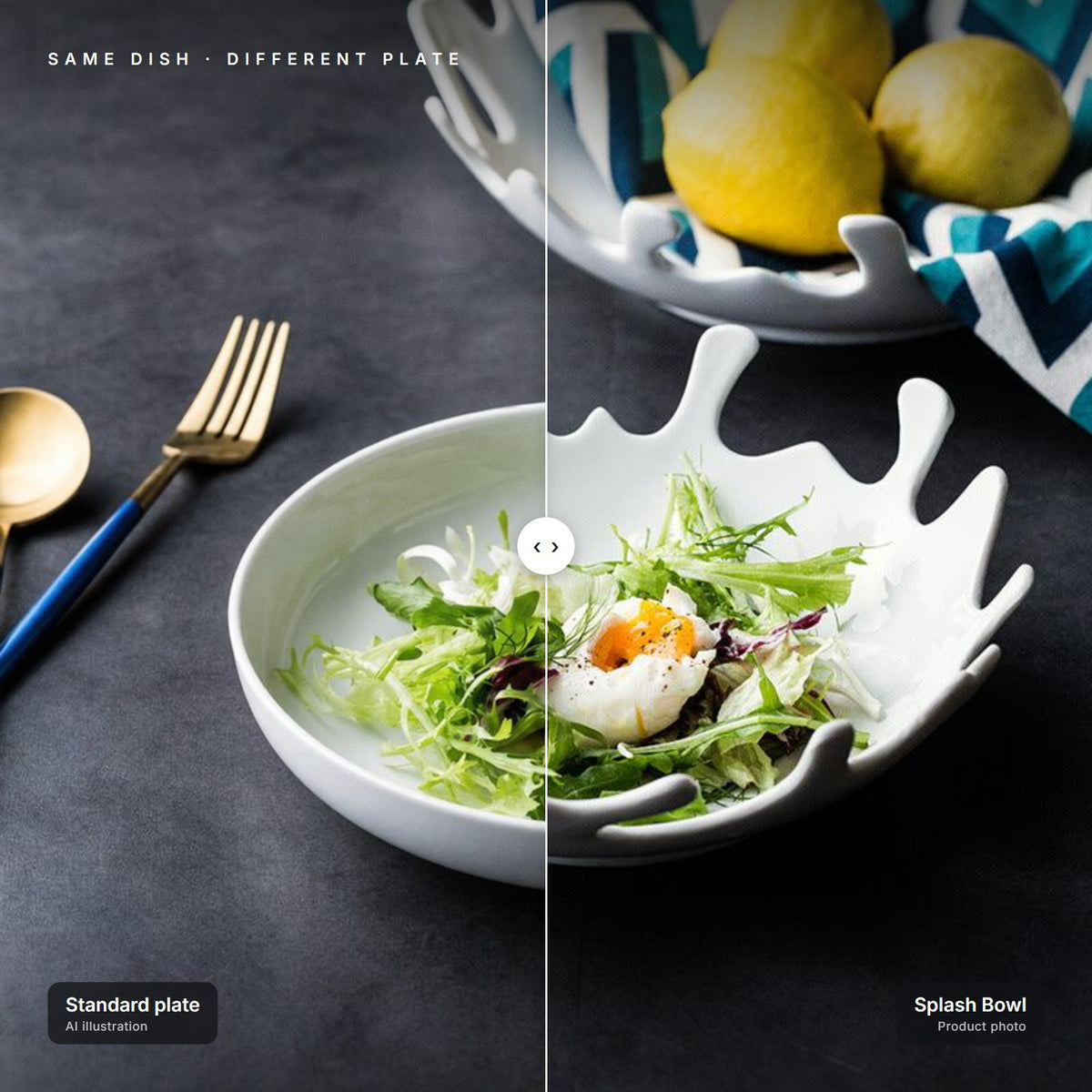 Splash Bowl next to a standard plate with the same dish – left half is an AI illustration for comparison