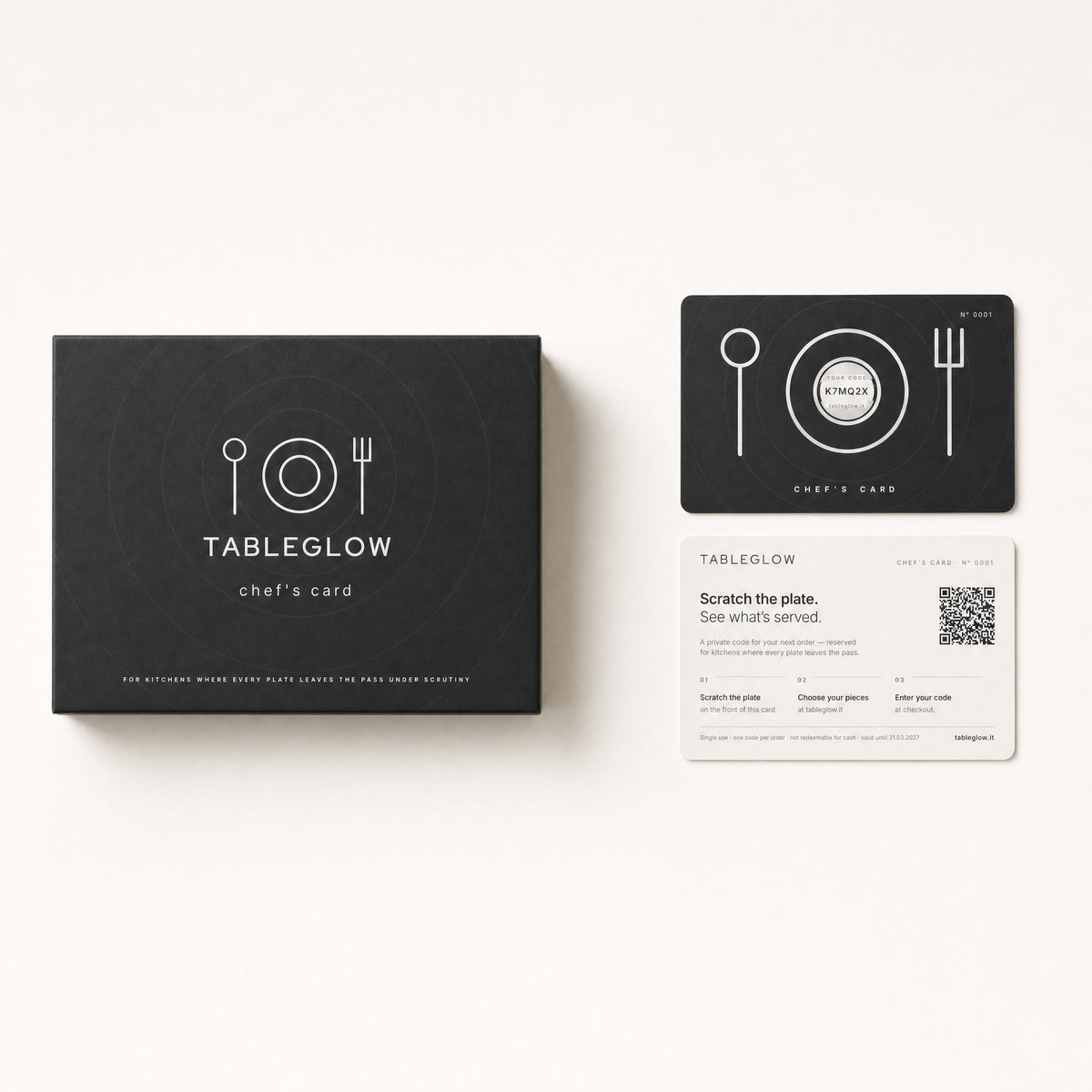 TableGlow gift box, card front and card back – top view