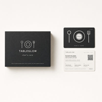 TableGlow gift box, card front and card back – top view