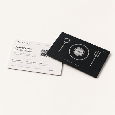 TableGlow Chef's Card – front with silver scratch plate and back