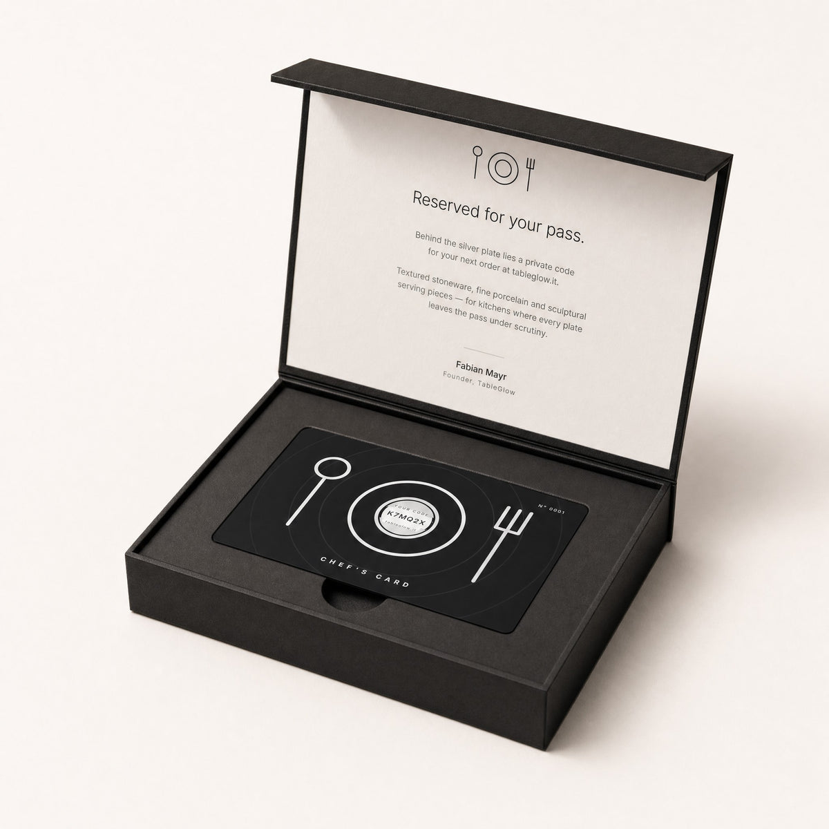 Open TableGlow gift box with the Chef's Card in its insert