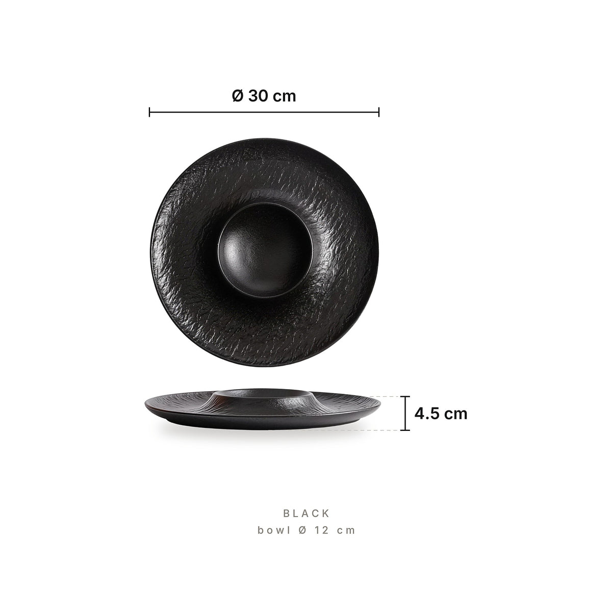 Umbra Plate Black – dimensions: diameter 30 cm, bowl diameter 12 cm, height 4.5 cm