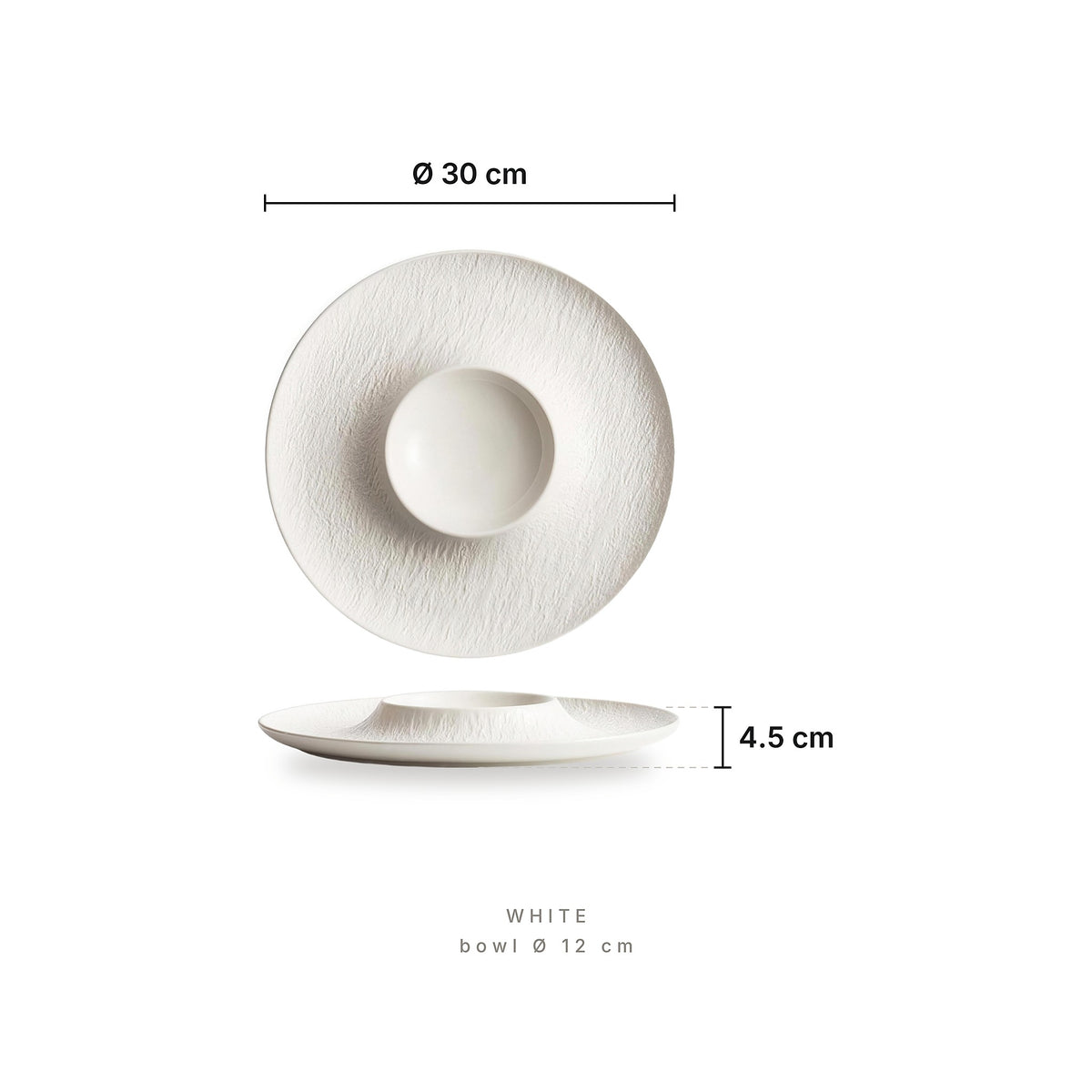 Umbra Plate White – dimensions: diameter 30 cm, bowl diameter 12 cm, height 4.5 cm