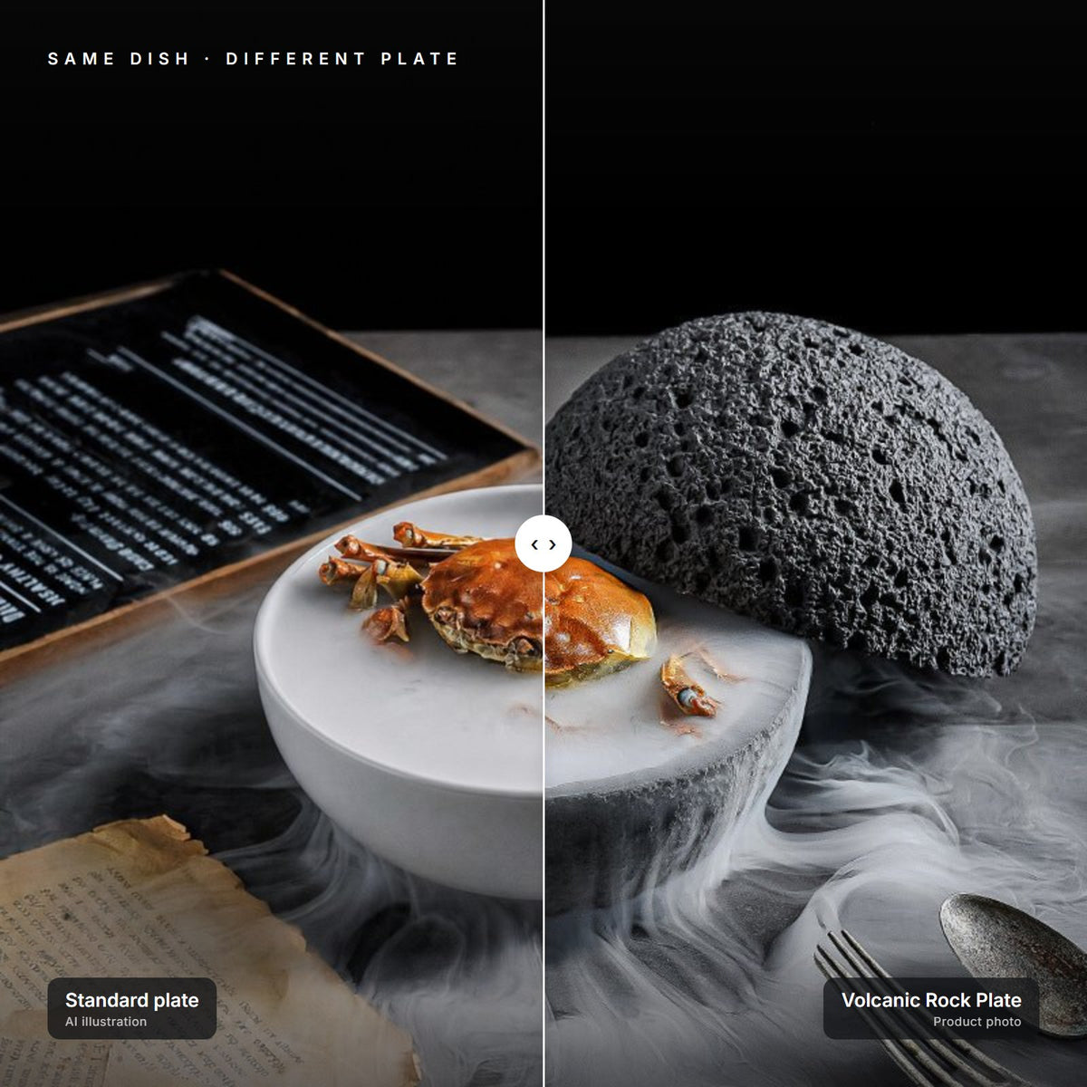Volcanic Rock Plate next to a standard plate with the same dish – left half is an AI illustration for comparison