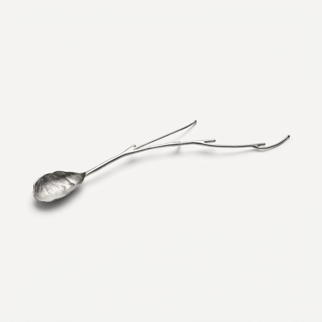 Silva serving spoon at an angle, brushed stainless steel with the branch handle and the shallow veined bowl