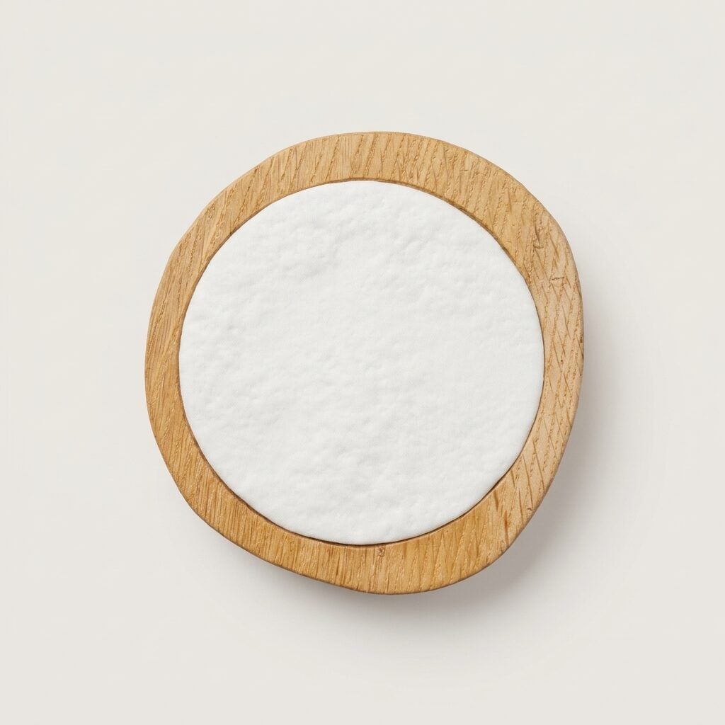 Totem pedestal: round oak disc on a conical foot with a white glass plate in the top