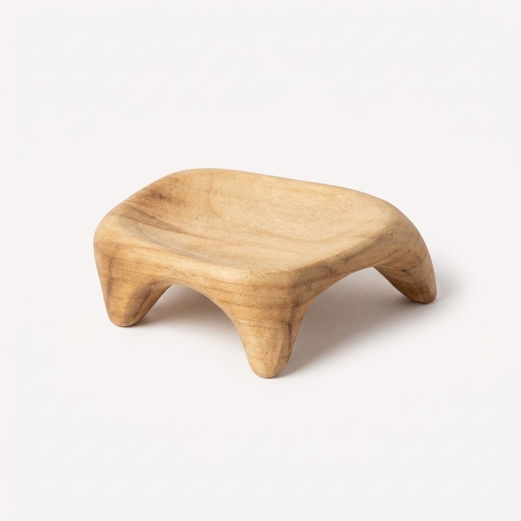 Korri solid wood footed plate at a low angle, the four outward-curving feet lifting it clear of the table
