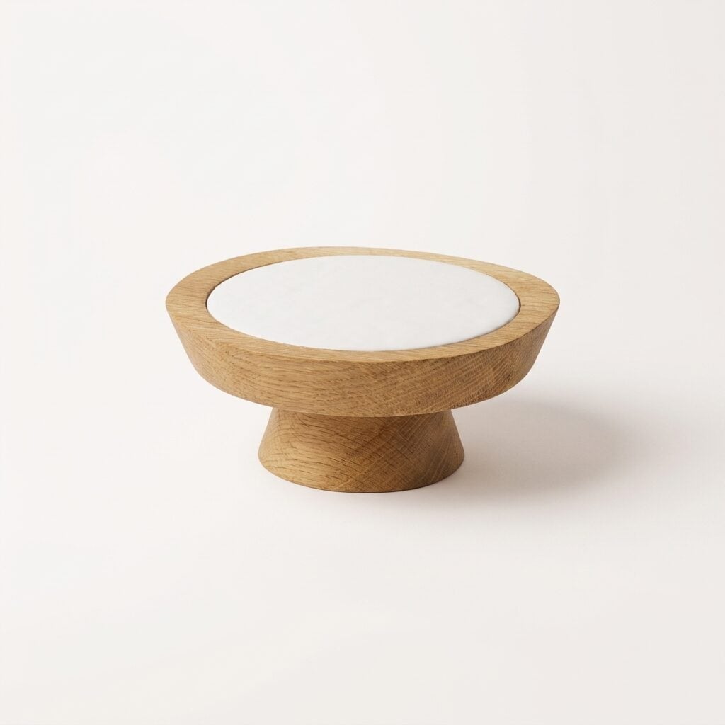Totem oak serving stand, angled view, with the matte white glass plate set into the bevelled top